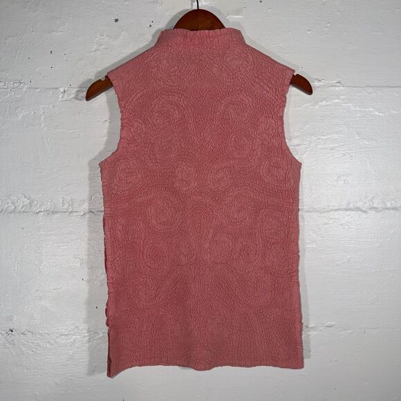 Vintage Crinkle Floral Sleeveless Mock Neck Top Pink Burgundy Stretch Ness S - Picture 8 of 10